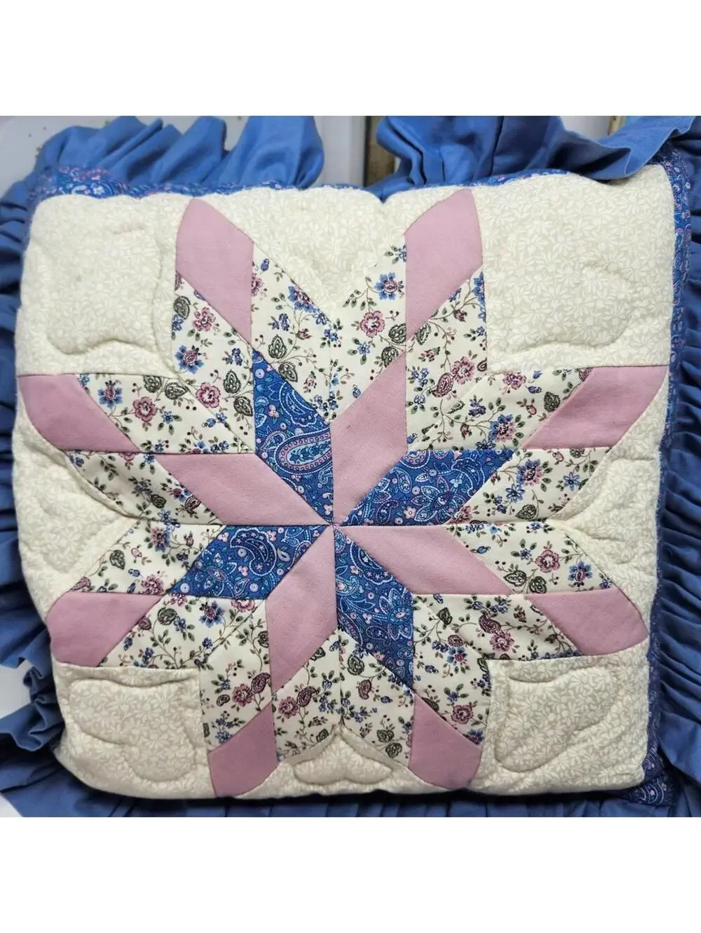 Handmade Quilted Decorative Throw Pillow with Ruffled Edges 18 Inch